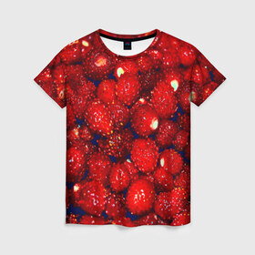 Женская футболка 3D с принтом Земляника в Екатеринбурге, 100% полиэфир ( синтетическое хлопкоподобное полотно) | прямой крой, круглый вырез горловины, длина до линии бедер | земляника | клубника | красный | лето | природа | ягода