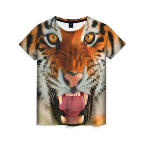 Женская футболка 3D с принтом Амурский тигр в Екатеринбурге, 100% полиэфир ( синтетическое хлопкоподобное полотно) | прямой крой, круглый вырез горловины, длина до линии бедер | Тематика изображения на принте: амур | голова | животные | кошка | оскал | тигр