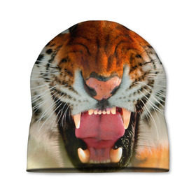 Шапка 3D с принтом Амурский тигр в Екатеринбурге, 100% полиэстер | универсальный размер, печать по всей поверхности изделия | Тематика изображения на принте: амур | голова | животные | кошка | оскал | тигр