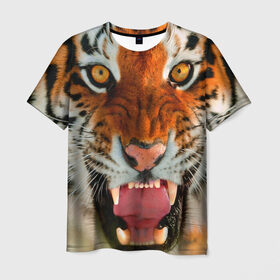 Мужская футболка 3D с принтом Амурский тигр в Екатеринбурге, 100% полиэфир | прямой крой, круглый вырез горловины, длина до линии бедер | амур | голова | животные | кошка | оскал | тигр