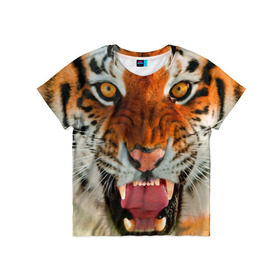 Детская футболка 3D с принтом Амурский тигр в Екатеринбурге, 100% гипоаллергенный полиэфир | прямой крой, круглый вырез горловины, длина до линии бедер, чуть спущенное плечо, ткань немного тянется | амур | голова | животные | кошка | оскал | тигр