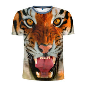 Мужская футболка 3D спортивная с принтом Амурский тигр в Екатеринбурге, 100% полиэстер с улучшенными характеристиками | приталенный силуэт, круглая горловина, широкие плечи, сужается к линии бедра | амур | голова | животные | кошка | оскал | тигр