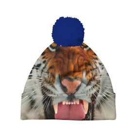 Шапка 3D c помпоном с принтом Амурский тигр в Екатеринбурге, 100% полиэстер | универсальный размер, печать по всей поверхности изделия | Тематика изображения на принте: амур | голова | животные | кошка | оскал | тигр