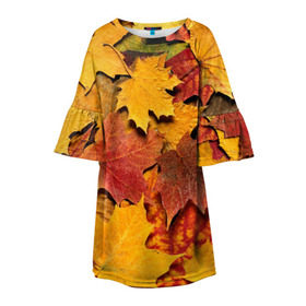 Детское платье 3D с принтом Осень на дворе в Екатеринбурге, 100% полиэстер | прямой силуэт, чуть расширенный к низу. Круглая горловина, на рукавах — воланы | бордовый | жёлтый | красный | листва | листья