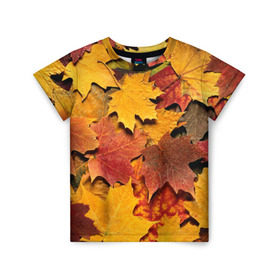 Детская футболка 3D с принтом Осень на дворе в Екатеринбурге, 100% гипоаллергенный полиэфир | прямой крой, круглый вырез горловины, длина до линии бедер, чуть спущенное плечо, ткань немного тянется | бордовый | жёлтый | красный | листва | листья