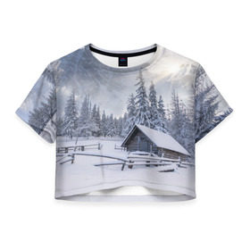 Женская футболка 3D укороченная с принтом Зима в Екатеринбурге, 100% полиэстер | круглая горловина, длина футболки до линии талии, рукава с отворотами | вьюга | горы | зима | лес | метель | мороз | пейзаж | природа | пурга | снег | снегопад | сосулька | стужа | сугроб | холод