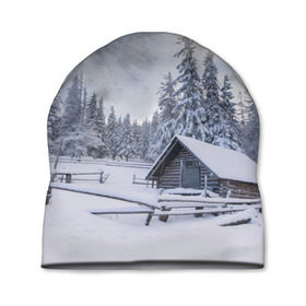 Шапка 3D с принтом Зима в Екатеринбурге, 100% полиэстер | универсальный размер, печать по всей поверхности изделия | вьюга | горы | зима | лес | метель | мороз | пейзаж | природа | пурга | снег | снегопад | сосулька | стужа | сугроб | холод