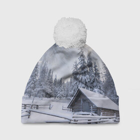 Шапка 3D c помпоном с принтом Зима в Екатеринбурге, 100% полиэстер | универсальный размер, печать по всей поверхности изделия | вьюга | горы | зима | лес | метель | мороз | пейзаж | природа | пурга | снег | снегопад | сосулька | стужа | сугроб | холод