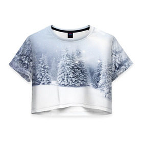 Женская футболка 3D укороченная с принтом Зимняя пора в Екатеринбурге, 100% полиэстер | круглая горловина, длина футболки до линии талии, рукава с отворотами | вьюга | горы | зима | лес | метель | мороз | пейзаж | пурга | снег | снегопад | сосулька | стужа | сугроб | холод