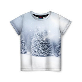 Детская футболка 3D с принтом Зимняя пора в Екатеринбурге, 100% гипоаллергенный полиэфир | прямой крой, круглый вырез горловины, длина до линии бедер, чуть спущенное плечо, ткань немного тянется | Тематика изображения на принте: вьюга | горы | зима | лес | метель | мороз | пейзаж | пурга | снег | снегопад | сосулька | стужа | сугроб | холод