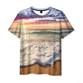 Мужская футболка 3D с принтом Красочный закат в Екатеринбурге, 100% полиэфир | прямой крой, круглый вырез горловины, длина до линии бедер | sunrise | sunset | touchdown | волны | восход солнца | закат | красота | лето | море | небо | облака | океан | отдых | отпуск | пена | песок | прилив | природа | путешествие | рассвет | солнце | туризм