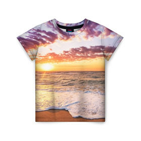 Детская футболка 3D с принтом Sunset в Екатеринбурге, 100% гипоаллергенный полиэфир | прямой крой, круглый вырез горловины, длина до линии бедер, чуть спущенное плечо, ткань немного тянется | Тематика изображения на принте: волны | закат | море | небо | океан | рассвет | солнце