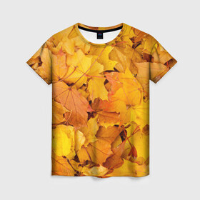 Женская футболка 3D с принтом Золотая листва в Екатеринбурге, 100% полиэфир ( синтетическое хлопкоподобное полотно) | прямой крой, круглый вырез горловины, длина до линии бедер | жёлтый осень | золото | листья