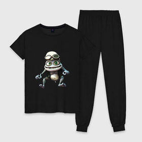 Женская пижама хлопок с принтом Сумасшедшая лягушка гонщик в Екатеринбурге, 100% хлопок | брюки и футболка прямого кроя, без карманов, на брюках мягкая резинка на поясе и по низу штанин | Тематика изображения на принте: crazy frog | байкер | мотоцикл