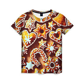 Женская футболка 3D с принтом Новогоднее печенье в Екатеринбурге, 100% полиэфир ( синтетическое хлопкоподобное полотно) | прямой крой, круглый вырез горловины, длина до линии бедер | Тематика изображения на принте: оранжевый | печенье | сладости | хлебные