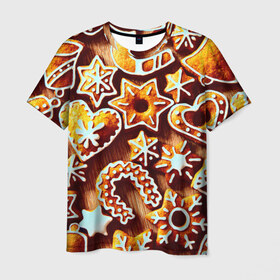 Мужская футболка 3D с принтом Новогоднее печенье в Екатеринбурге, 100% полиэфир | прямой крой, круглый вырез горловины, длина до линии бедер | оранжевый | печенье | сладости | хлебные