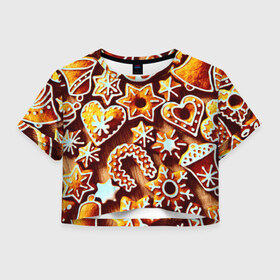Женская футболка 3D укороченная с принтом Новогоднее печенье в Екатеринбурге, 100% полиэстер | круглая горловина, длина футболки до линии талии, рукава с отворотами | Тематика изображения на принте: оранжевый | печенье | сладости | хлебные