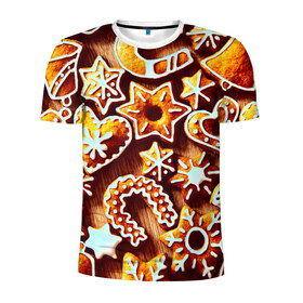 Мужская футболка 3D спортивная с принтом Новогоднее печенье в Екатеринбурге, 100% полиэстер с улучшенными характеристиками | приталенный силуэт, круглая горловина, широкие плечи, сужается к линии бедра | оранжевый | печенье | сладости | хлебные