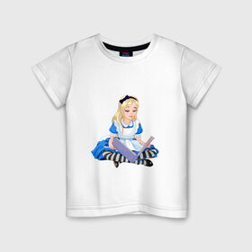 Детская футболка хлопок с принтом Алиса в стране чудес в Екатеринбурге, 100% хлопок | круглый вырез горловины, полуприлегающий силуэт, длина до линии бедер | алиса | блондинка | в стране чудес | девочка | книга | мультик | сказка