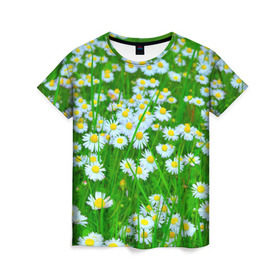 Женская футболка 3D с принтом Ромашки в Екатеринбурге, 100% полиэфир ( синтетическое хлопкоподобное полотно) | прямой крой, круглый вырез горловины, длина до линии бедер | поле | природа | ромашка | цветы
