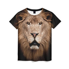 Женская футболка 3D с принтом Царь зверей в Екатеринбурге, 100% полиэфир ( синтетическое хлопкоподобное полотно) | прямой крой, круглый вырез горловины, длина до линии бедер | власть | дикая кошка | животное | король джунглей | лев | львица | мощь | мудрость | охотник | сила | хитрость | хищник | царь зверей