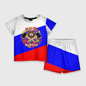 Детский костюм с шортами 3D с принтом Добро пожаловать в Россию в Екатеринбурге,  |  | russia | welcome | медведь | россия | хохлома