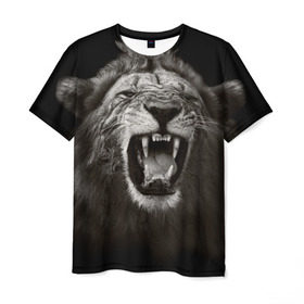Мужская футболка 3D с принтом Разъярённый лев в Екатеринбурге, 100% полиэфир | прямой крой, круглый вырез горловины, длина до линии бедер | власть | дикая кошка | животное | король джунглей | лев | львица | мощь | мудрость | охотник | сила | хитрость | хищник | царь зверей