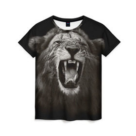 Женская футболка 3D с принтом Разъярённый лев в Екатеринбурге, 100% полиэфир ( синтетическое хлопкоподобное полотно) | прямой крой, круглый вырез горловины, длина до линии бедер | власть | дикая кошка | животное | король джунглей | лев | львица | мощь | мудрость | охотник | сила | хитрость | хищник | царь зверей