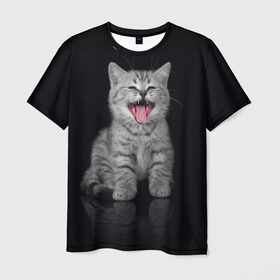 Мужская футболка 3D с принтом Котёнок в Екатеринбурге, 100% полиэфир | прямой крой, круглый вырез горловины, длина до линии бедер | киса | киска | котёнок | котик | котяра | кошак | кошка | маленький | милый | мяу | няша | пушистый | сладкий | смешной | хороший