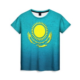 Женская футболка 3D с принтом Флаг Казахстана в Екатеринбурге, 100% полиэфир ( синтетическое хлопкоподобное полотно) | прямой крой, круглый вырез горловины, длина до линии бедер | казах | казахский | казахстан | национальный | нация | республика | рк | флаг | флаги