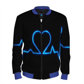 Мужской бомбер 3D с принтом Ритм сердца в Екатеринбурге, 100% полиэстер | застегивается на молнию, по бокам два кармана без застежек, по низу бомбера и на воротнике - эластичная резинка | Тематика изображения на принте: ритм | сердце | синяя | черная | электро