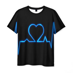 Мужская футболка 3D с принтом Ритм сердца в Екатеринбурге, 100% полиэфир | прямой крой, круглый вырез горловины, длина до линии бедер | Тематика изображения на принте: ритм | сердце | синяя | черная | электро