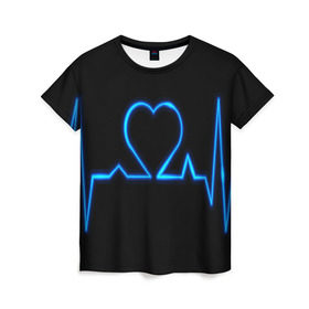 Женская футболка 3D с принтом Ритм сердца в Екатеринбурге, 100% полиэфир ( синтетическое хлопкоподобное полотно) | прямой крой, круглый вырез горловины, длина до линии бедер | ритм | сердце | синяя | черная | электро