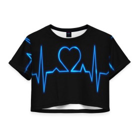 Женская футболка 3D укороченная с принтом Ритм сердца в Екатеринбурге, 100% полиэстер | круглая горловина, длина футболки до линии талии, рукава с отворотами | Тематика изображения на принте: ритм | сердце | синяя | черная | электро