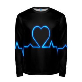 Мужской лонгслив 3D с принтом Ритм сердца в Екатеринбурге, 100% полиэстер | длинные рукава, круглый вырез горловины, полуприлегающий силуэт | ритм | сердце | синяя | черная | электро