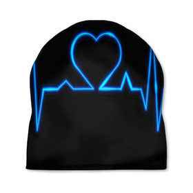 Шапка 3D с принтом Ритм сердца в Екатеринбурге, 100% полиэстер | универсальный размер, печать по всей поверхности изделия | Тематика изображения на принте: ритм | сердце | синяя | черная | электро