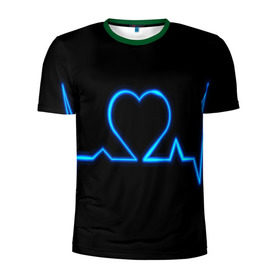 Мужская футболка 3D спортивная с принтом Ритм сердца в Екатеринбурге, 100% полиэстер с улучшенными характеристиками | приталенный силуэт, круглая горловина, широкие плечи, сужается к линии бедра | Тематика изображения на принте: ритм | сердце | синяя | черная | электро