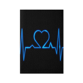 Обложка для паспорта матовая кожа с принтом Ритм сердца в Екатеринбурге, натуральная матовая кожа | размер 19,3 х 13,7 см; прозрачные пластиковые крепления | Тематика изображения на принте: ритм | сердце | синяя | черная | электро
