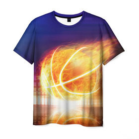 Мужская футболка 3D с принтом Огненный мяч в Екатеринбурге, 100% полиэфир | прямой крой, круглый вырез горловины, длина до линии бедер | streetball | баскетбол | взрыв | искры | любимая игра | моя жизнь | мяч | огонь | пламя | развлечение | страсть | тренировка | увлечение | хобби
