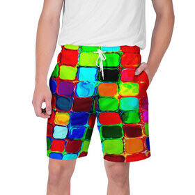 Мужские шорты 3D с принтом Кубики в Екатеринбурге,  полиэстер 100% | прямой крой, два кармана без застежек по бокам. Мягкая трикотажная резинка на поясе, внутри которой широкие завязки. Длина чуть выше колен | квадрат | краска | кубики | текстуры