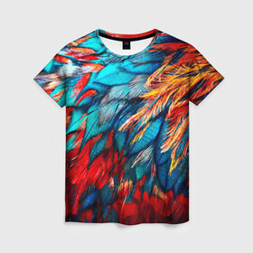 Женская футболка 3D с принтом Перья в Екатеринбурге, 100% полиэфир ( синтетическое хлопкоподобное полотно) | прямой крой, круглый вырез горловины, длина до линии бедер | красный | текстура | цветной | яркий