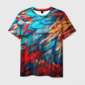 Мужская футболка 3D с принтом Перья в Екатеринбурге, 100% полиэфир | прямой крой, круглый вырез горловины, длина до линии бедер | красный | текстура | цветной | яркий