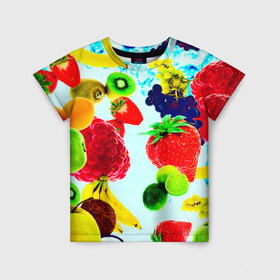 Детская футболка 3D с принтом Коктейль в Екатеринбурге, 100% гипоаллергенный полиэфир | прямой крой, круглый вырез горловины, длина до линии бедер, чуть спущенное плечо, ткань немного тянется | Тематика изображения на принте: лето | фрукты | цветной | ягоды | яркий