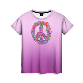 Женская футболка 3D с принтом Хиппи 1 в Екатеринбурге, 100% полиэфир ( синтетическое хлопкоподобное полотно) | прямой крой, круглый вырез горловины, длина до линии бедер | hippie | peace | пацифик | хиппи