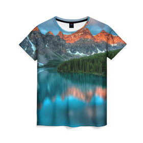 Женская футболка 3D с принтом Неописуемая красота в Екатеринбурге, 100% полиэфир ( синтетическое хлопкоподобное полотно) | прямой крой, круглый вырез горловины, длина до линии бедер | горы | канада | красота | лес | небо | облака | озеро | пейзаж | природа | речка