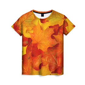 Женская футболка 3D с принтом Кленовые листья в Екатеринбурге, 100% полиэфир ( синтетическое хлопкоподобное полотно) | прямой крой, круглый вырез горловины, длина до линии бедер | дары осени | жёлтый | золотой | клён | краски | красный | красота | листва | листья | наряд | оранжевый | осень | покров | природа