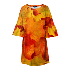 Детское платье 3D с принтом Кленовые листья в Екатеринбурге, 100% полиэстер | прямой силуэт, чуть расширенный к низу. Круглая горловина, на рукавах — воланы | дары осени | жёлтый | золотой | клён | краски | красный | красота | листва | листья | наряд | оранжевый | осень | покров | природа