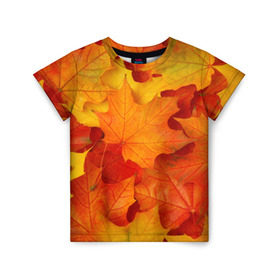 Детская футболка 3D с принтом Кленовые листья в Екатеринбурге, 100% гипоаллергенный полиэфир | прямой крой, круглый вырез горловины, длина до линии бедер, чуть спущенное плечо, ткань немного тянется | дары осени | жёлтый | золотой | клён | краски | красный | красота | листва | листья | наряд | оранжевый | осень | покров | природа