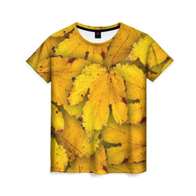 Женская футболка 3D с принтом Жёлтые листья в Екатеринбурге, 100% полиэфир ( синтетическое хлопкоподобное полотно) | прямой крой, круглый вырез горловины, длина до линии бедер | жёлтый | золотой | клён | красота | листва | листья | наряд | осень | осина | покров | природа