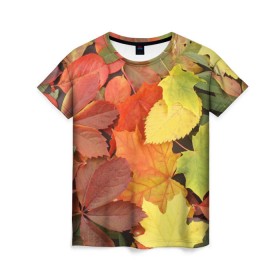 Женская футболка 3D с принтом Осенние листья в Екатеринбурге, 100% полиэфир ( синтетическое хлопкоподобное полотно) | прямой крой, круглый вырез горловины, длина до линии бедер | жёлтый | красный | листва | оранжевый | осень